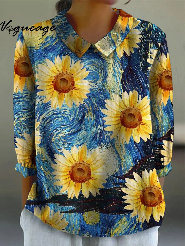 Elegant Oil Painting Sunflowers Printed Cotton And Linen Shirt