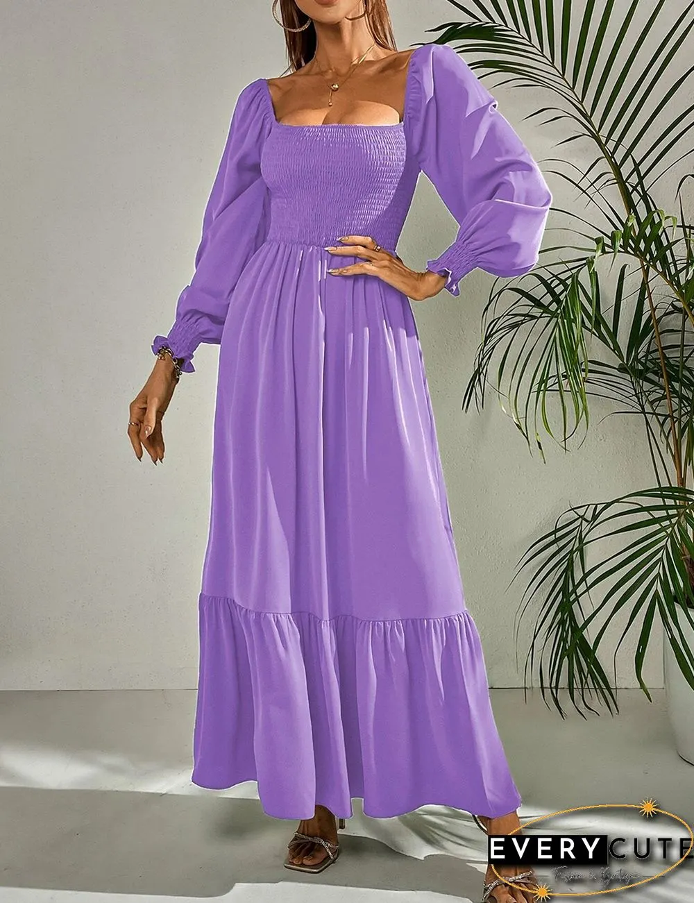 Purple Square Neck Pleated High Waist Maxi Dress