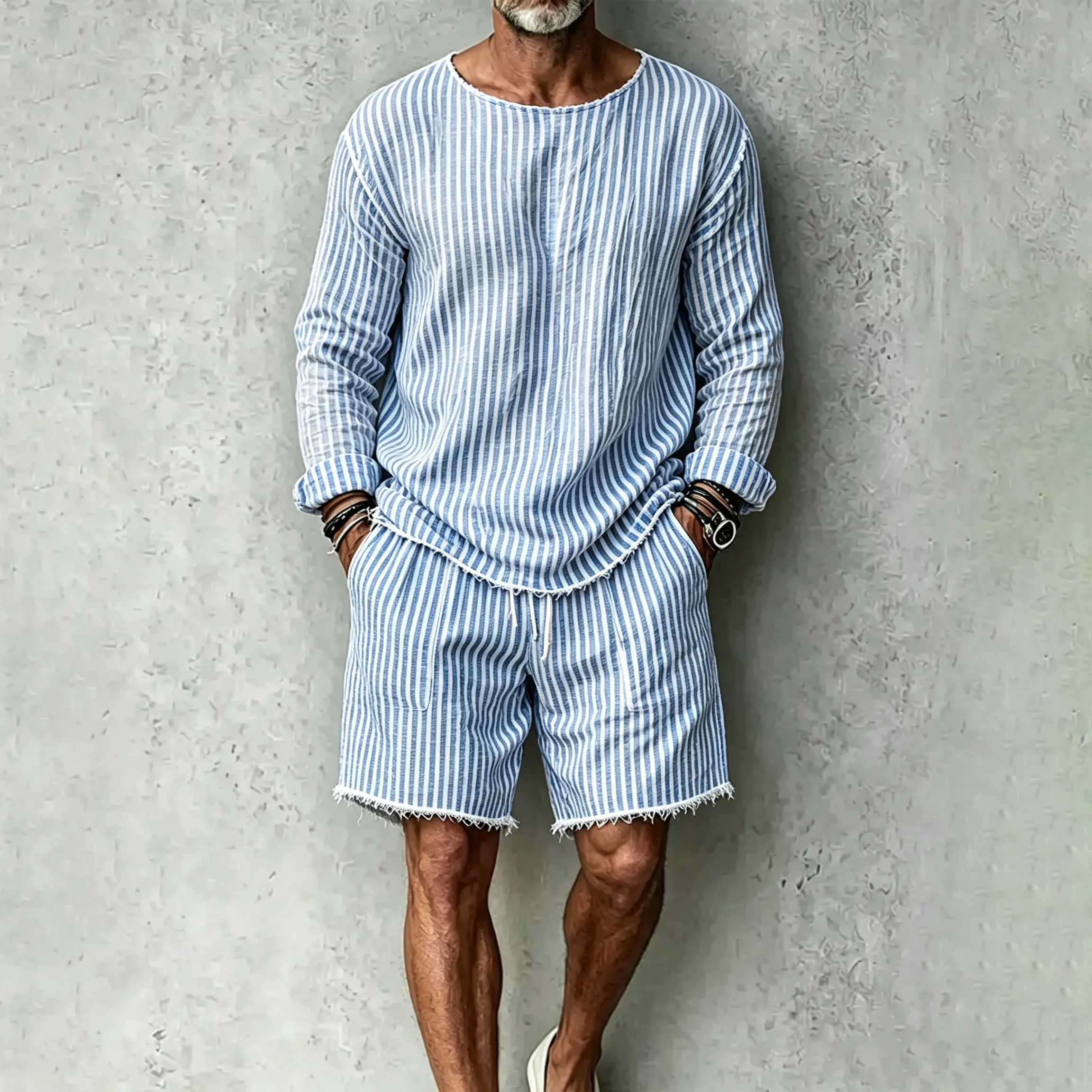 Men's Striped Pattern T-shirt And Shorts Two Piece Set  artssus