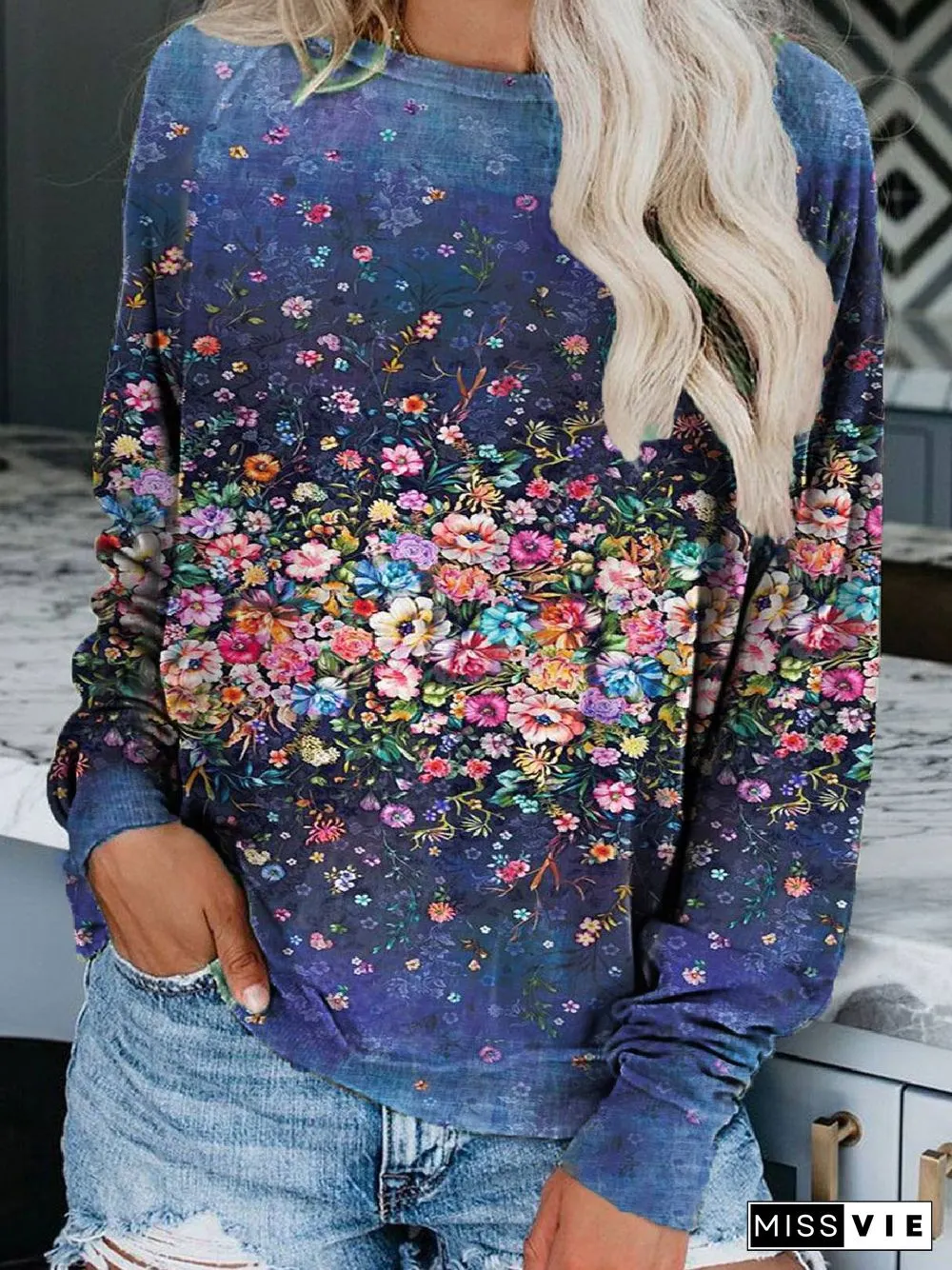Floral Long Sleeve Floral-Print Casual Sweatshirts