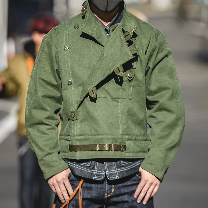 Aonga  Autumn Outfits   Army Green Retro bomber Jackets Misplaced Oblique Buckle Swedish Motorcycle Men's AMEKAJI Cotton Autumn Winter Coat