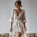 Bohemian Style Plant Flower And Butterfly Pattern Embroidery Design V-neck Woman's Long Dress - Image 2