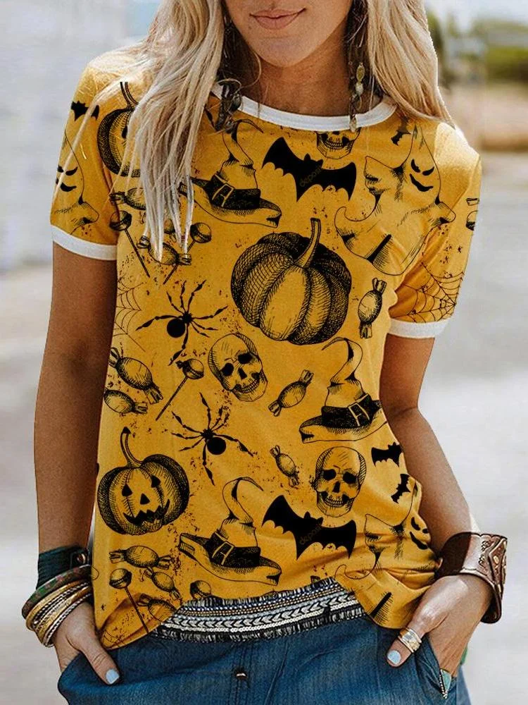 Pumpkin Ghost Skull Printed Halloween Short Sleeve T-Shirt