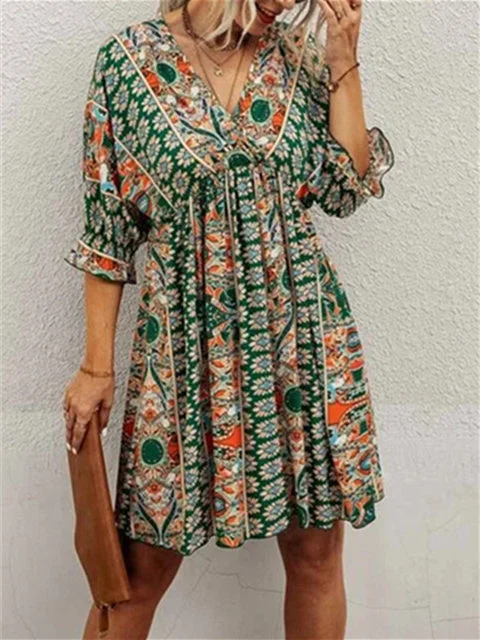 Women's Short Sleeve V-neck Floral Printed Lace-up Midi Dress