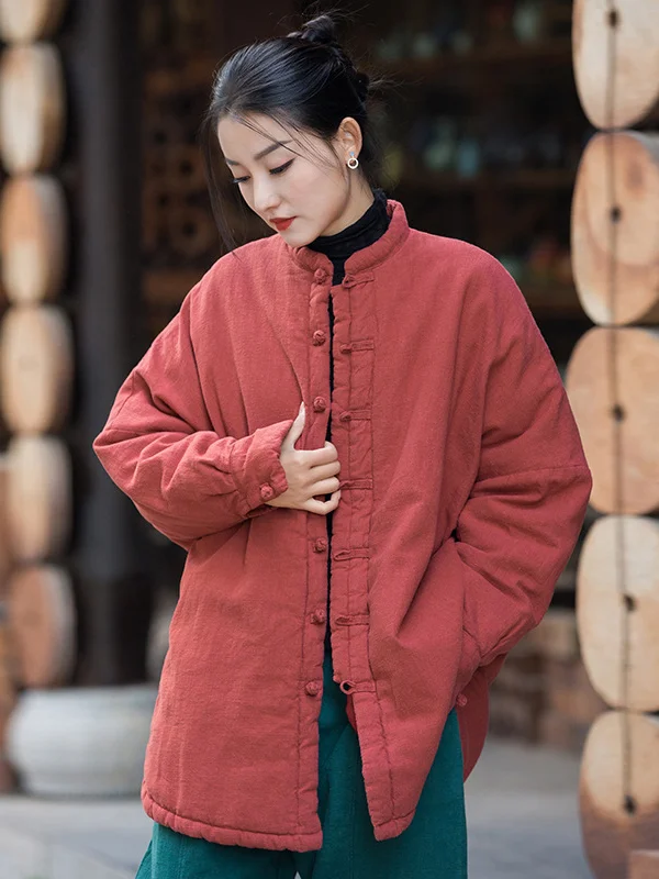 Vintage Loose Long Sleeves Keep Warm Solid Color Stand Collar Padded Coat