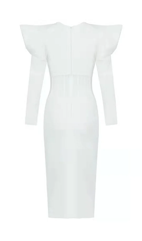 PUFF SLEEVE MESH MIDI DRESS IN WHITE