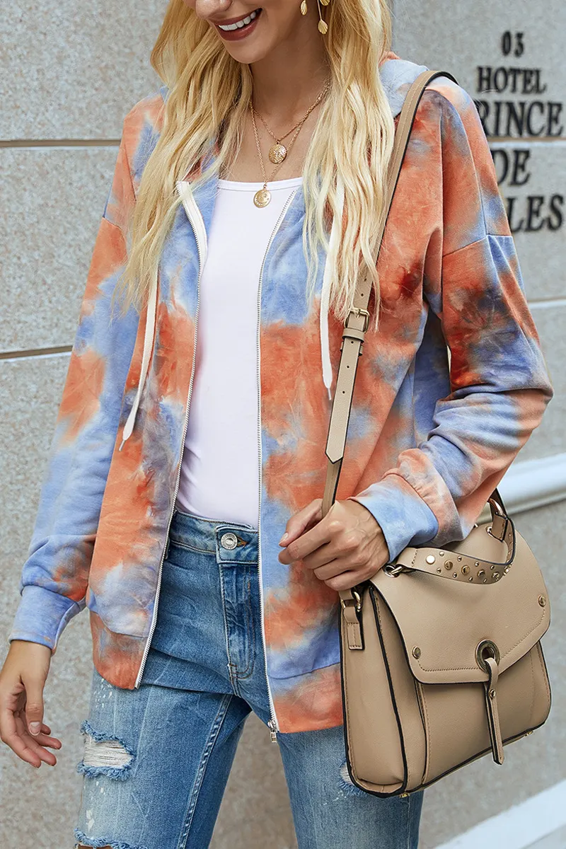 Tie Dye Zipper Long Sleeve Hoodie Coat