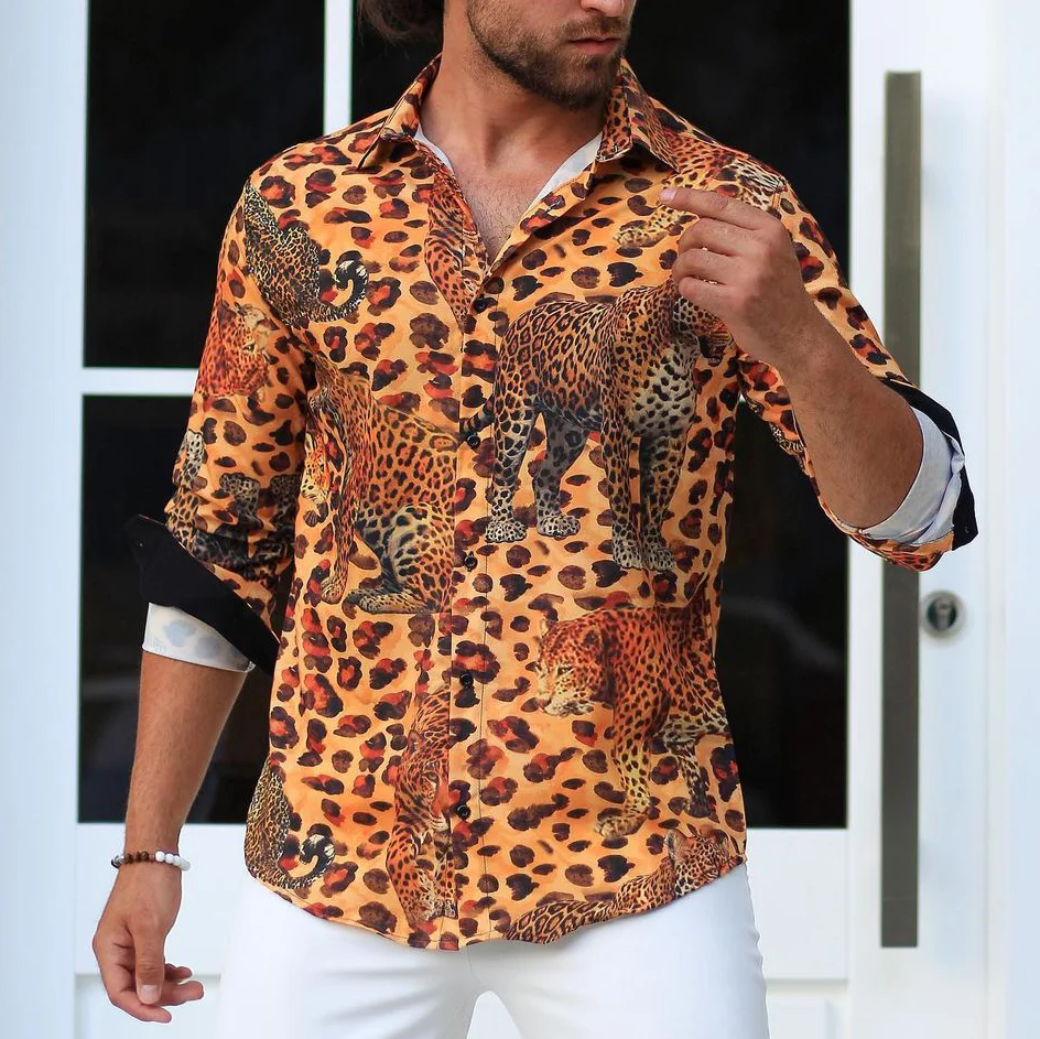 Men's Leopard Print Shirt Vintage Outdoor Casual Long Sleeve Shirt