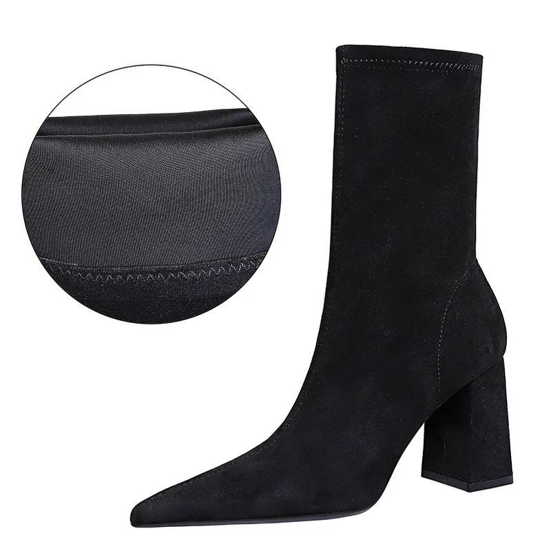 Abebey Shoes High Heel Boots Suede Women Ankle Boots Pointed Toe Socks Boots Thick Heel Women Shoes Warm Winter Boots Size 43