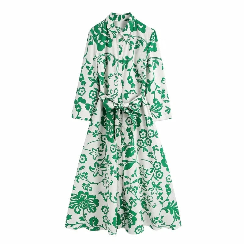 Hot Sale Women Green Floral Print Sashes Midi Shirt Dress Female Three Quarter Sleeve Clothes Leisure Lady Loose Vestido D8022