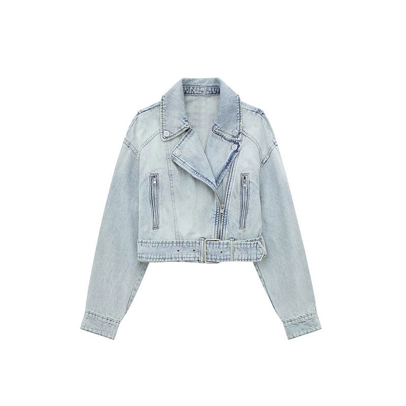 Women's Fashion Denim Biker Jacket Women Vintage Lapel Long Sleeve Zipper Belt Female Chic Coat