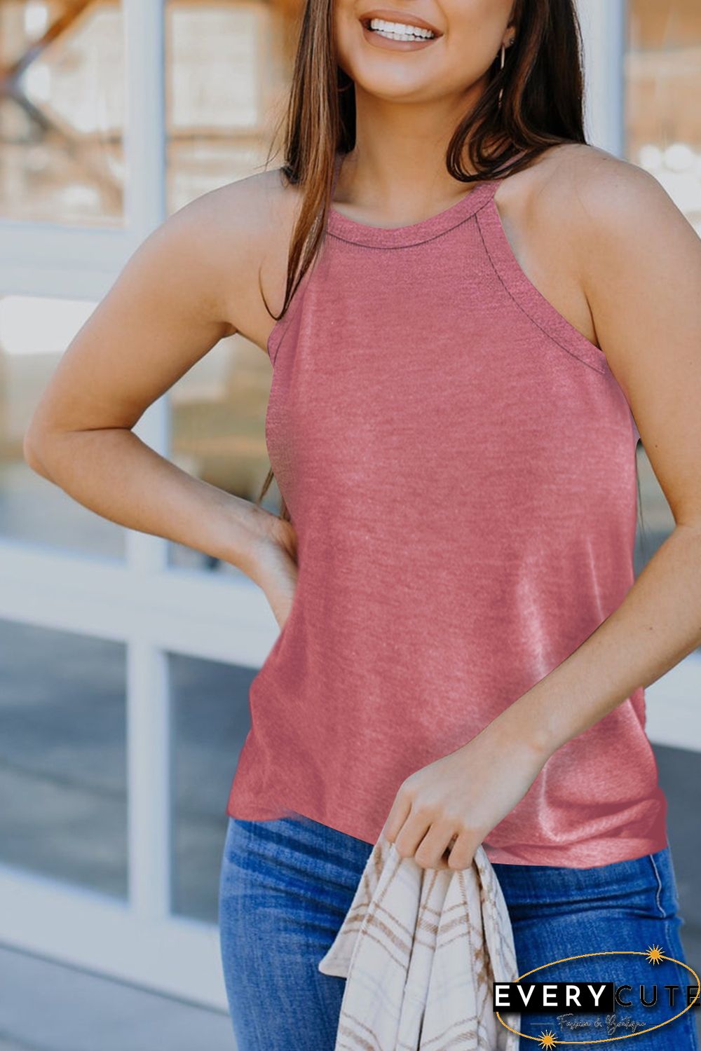 Pink Solid Color Crew Neck Tank Top