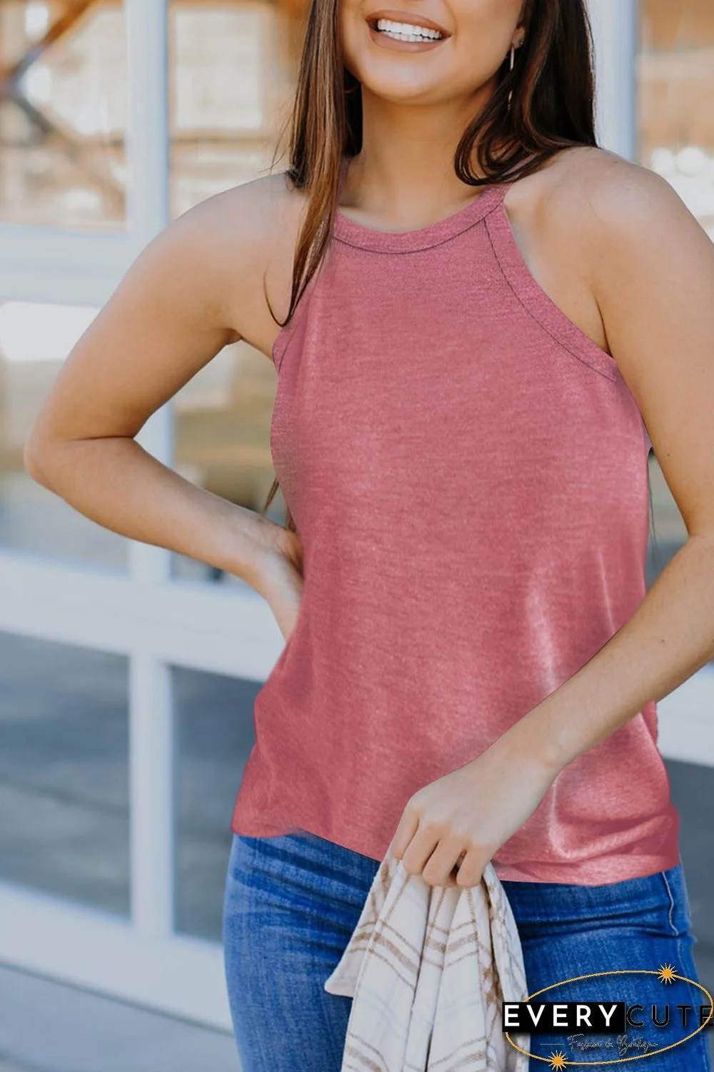 Pink Solid Color Crew Neck Tank Top