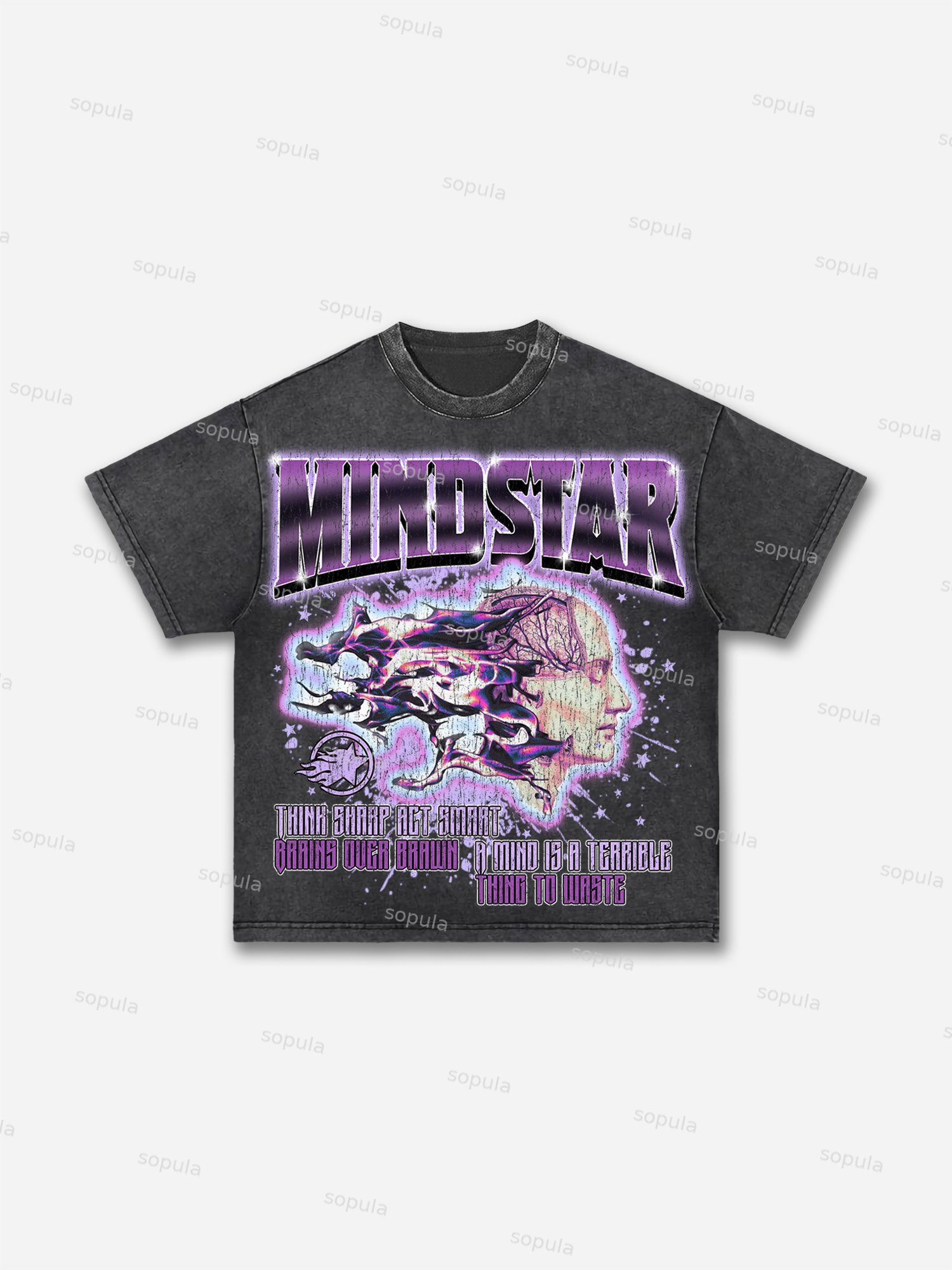 Mindstar-burning Thinking-retro Pattern Acid Wash T-shirt - Sopula｜Premium Graphic Tees & Graphic Clothing