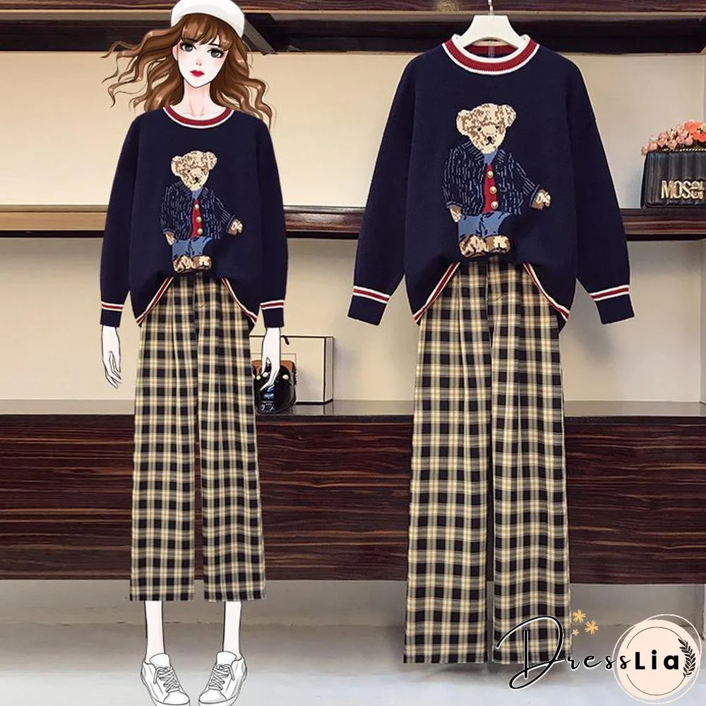 Cute Bear Sweater+Plaid Pants P11143