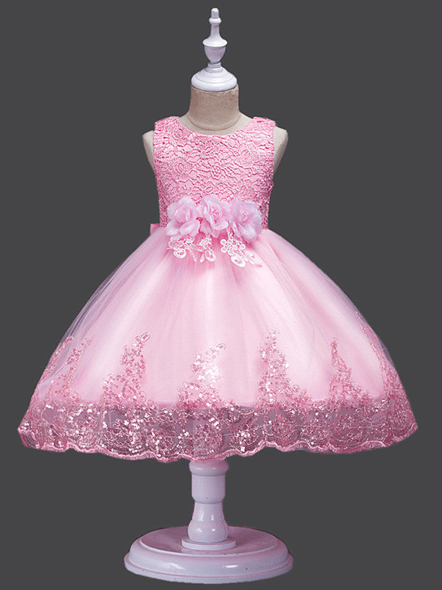 Princess Midi Wedding / Birthday Lace / Tulle Sleeveless Jewel Neck With Petal / Lace / Embroidery