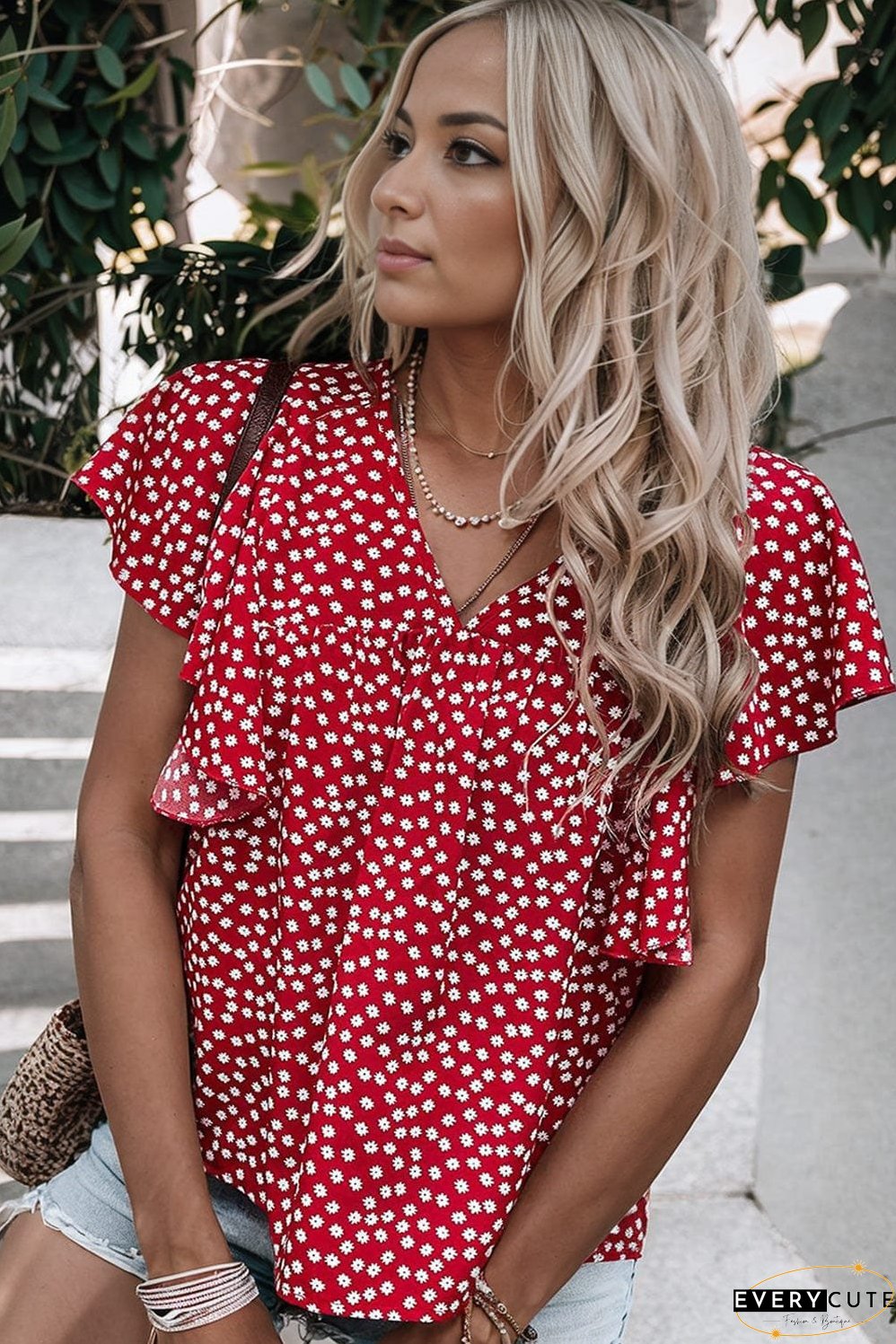 Layered Plaid Short Sleeve V-Neck Lotus Leaf Blouses