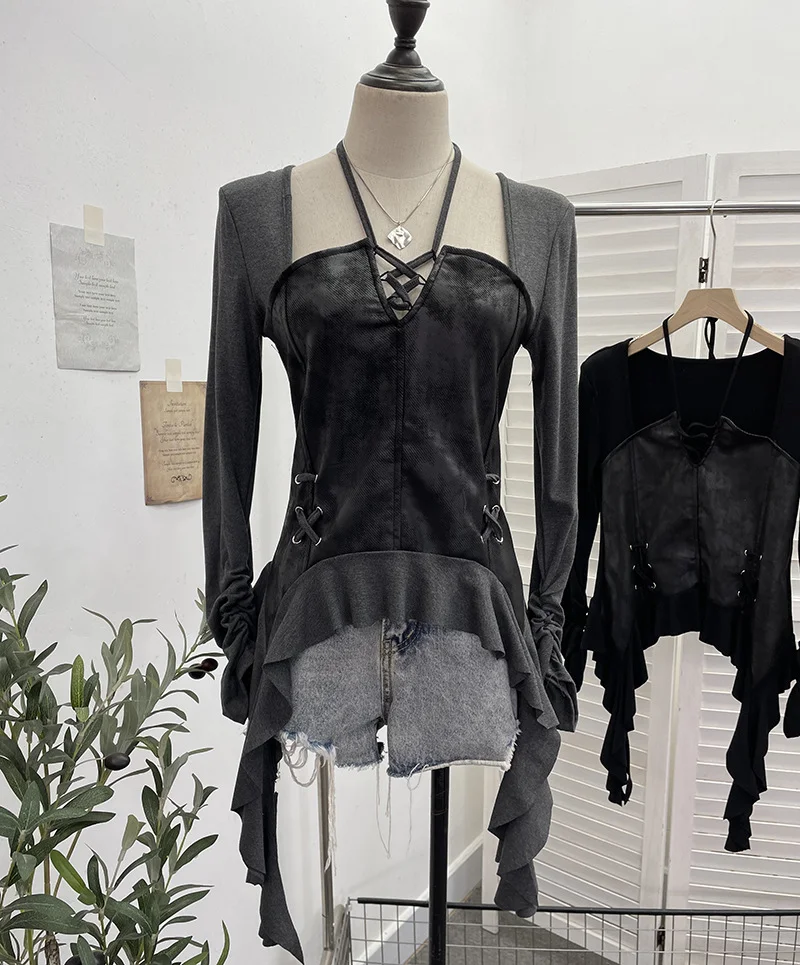 Nigikala Nigikala Tidal Irregular Hanging Neck Tie With Hollow Spliced Niche Pads On The Shoulder With Long-Sleeved T-Shirt 2695