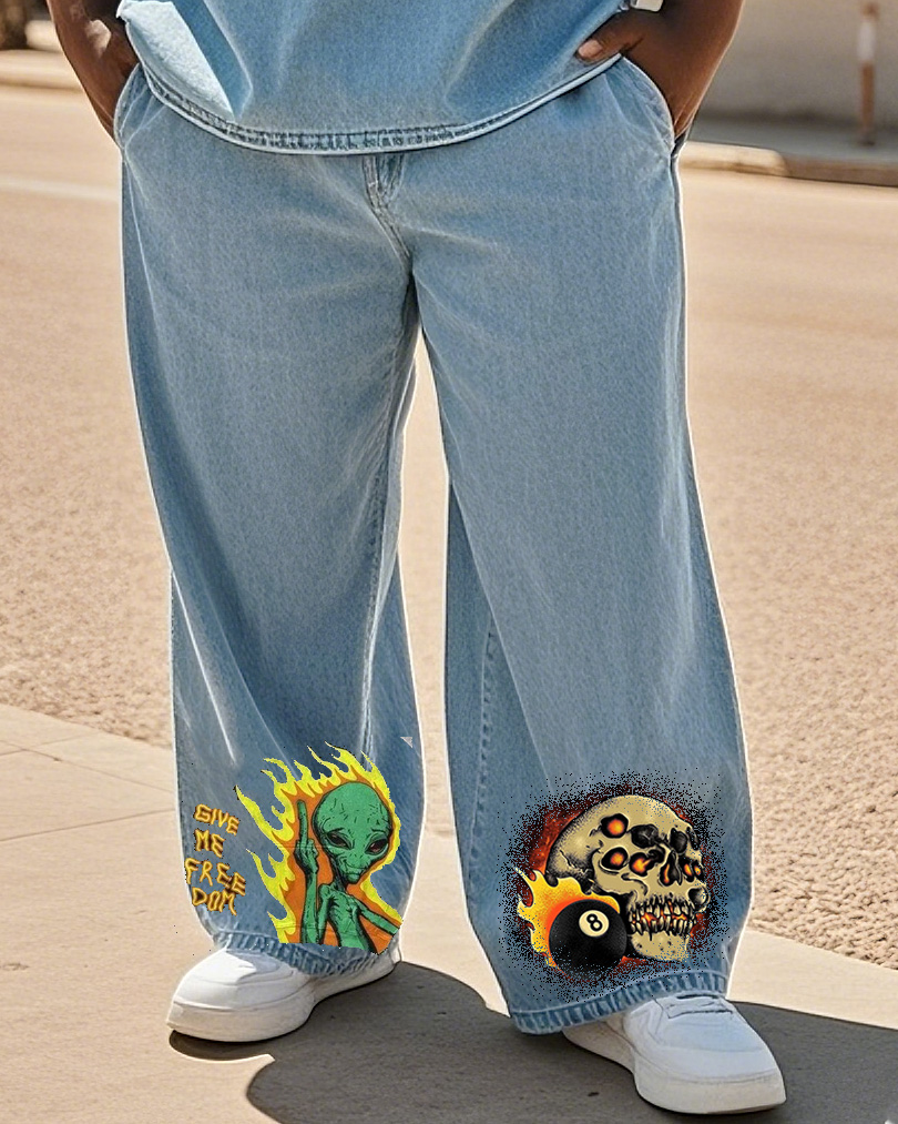 Big & Tall Men's Street Fashion Trend Personality Skull & Alien Hot Stamping Denim Pants