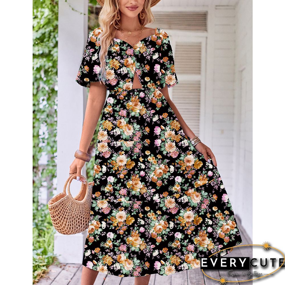 Black Puff Sleeves Back Pleated Floral Dress