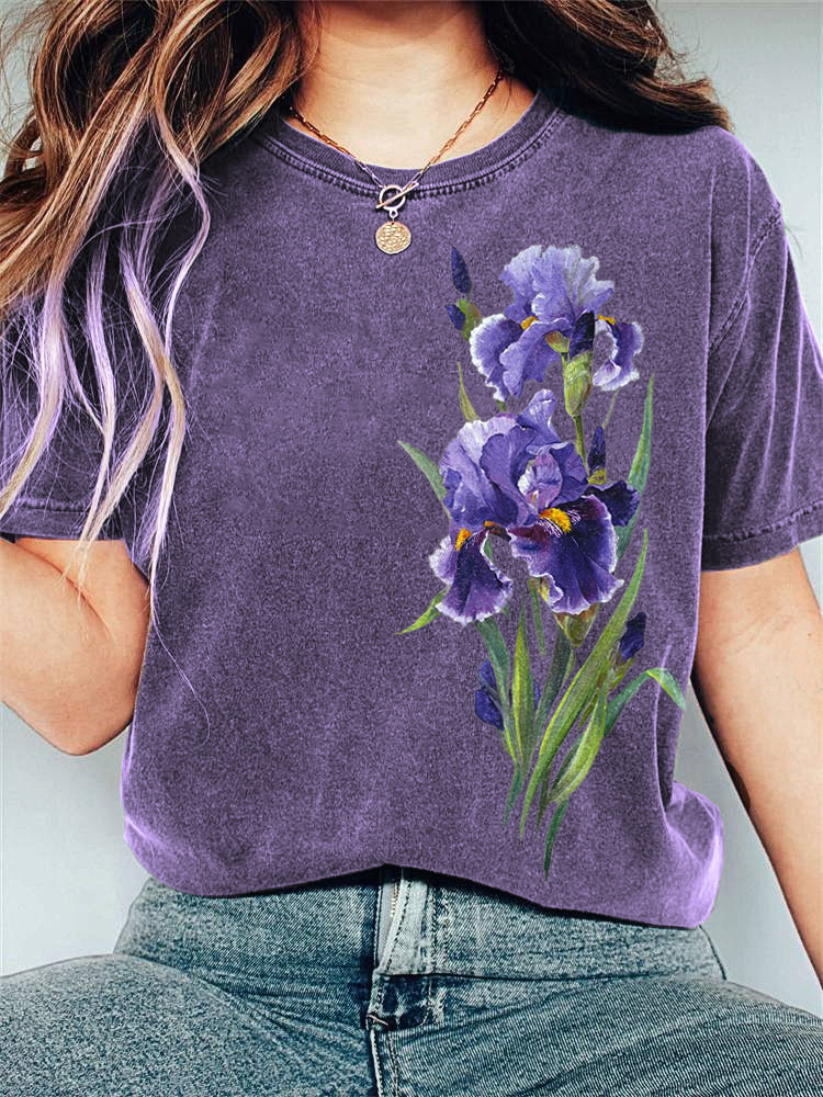 Comstylish Iris Flower Oil Painting Art Print Casual Vintage T-Shirt