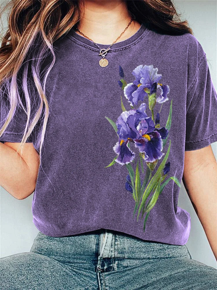 VChics Iris Flower Oil Painting Art Print Casual Vintage T-Shirt