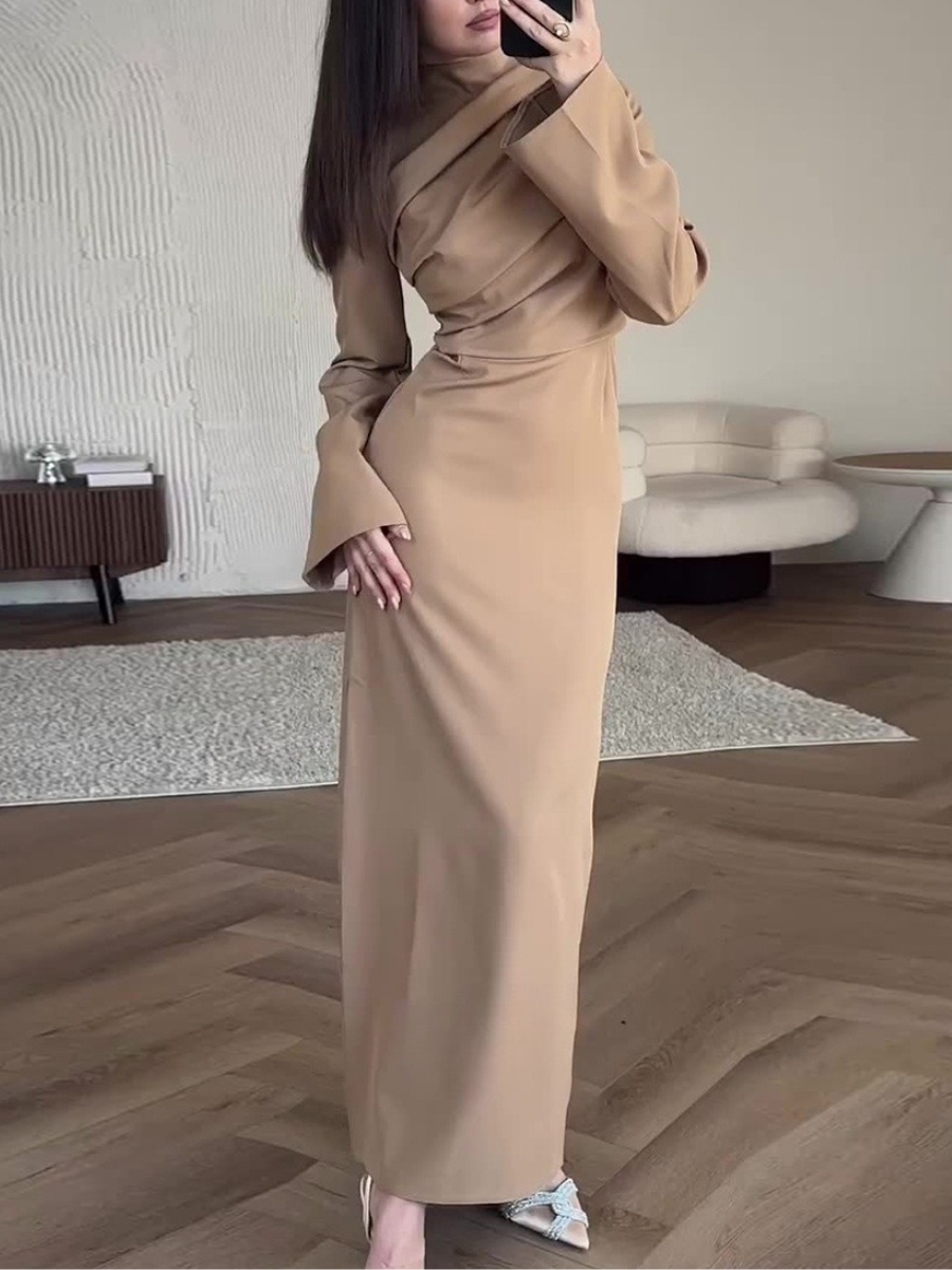 Elegant Solid Color Design Pleated Long-sleeved Dress | Oxredo Shop Ramadan Sale