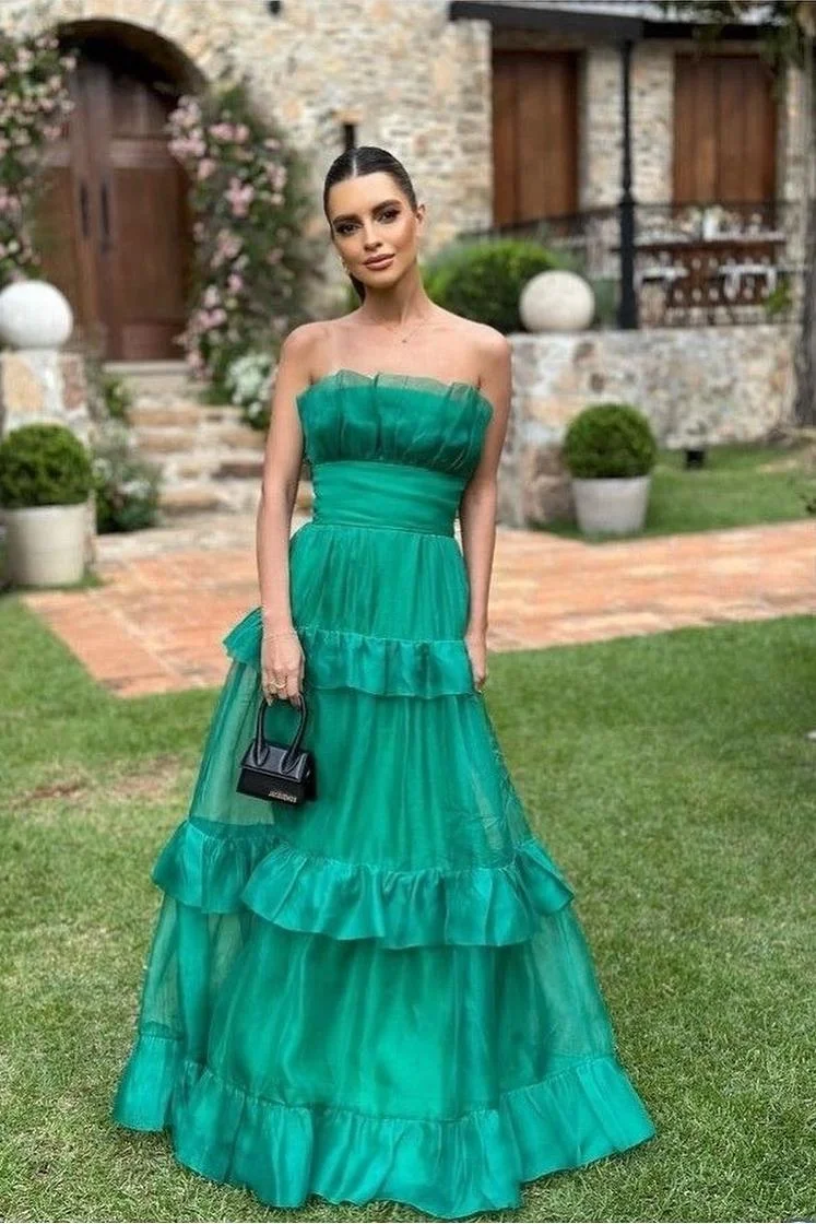 Miabel Charming Emerald Green Sleeveless Strapless High Waist Long Prom Dress with Ruffles