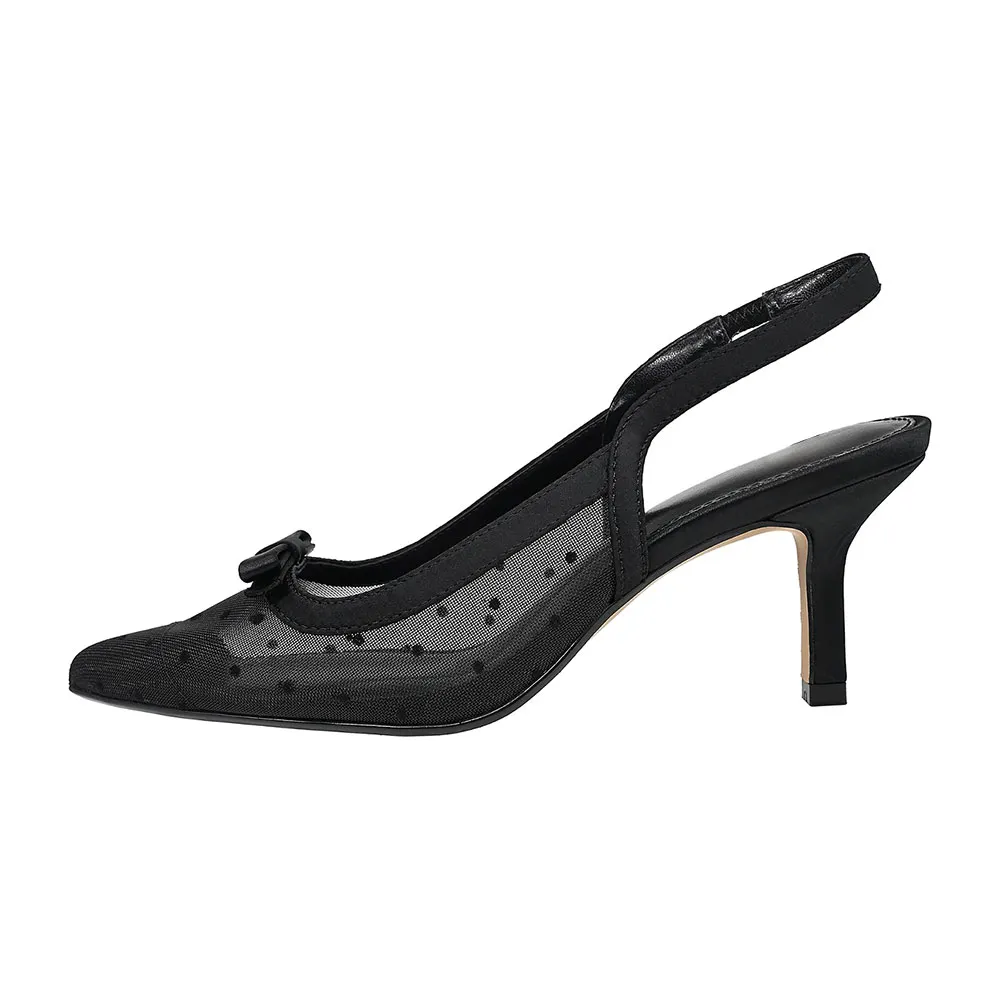 Black Pointed Toe Stiletto Heel Bow Slingback Pumps for Women