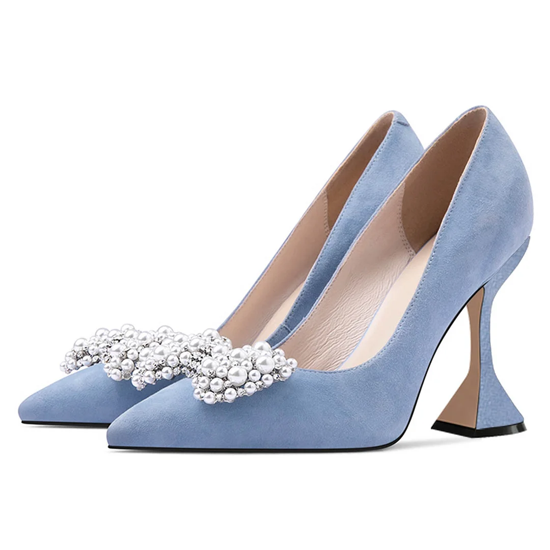 Elegant Light Blue Pointed Toe Pearl and Rhinestone Bow Pumps Heels