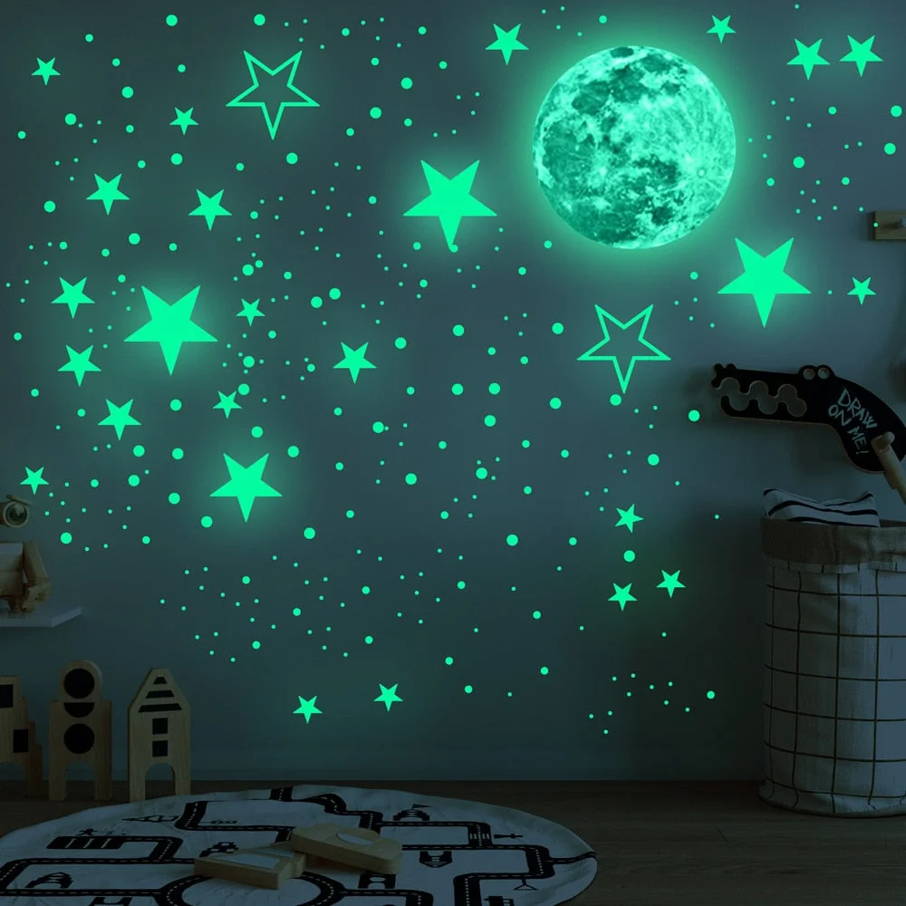 30cm Moon 435pcs Stars Dots Green Luminous Wall Sticker Children Room Ceiling Stairs Wallpaper Fluorescent Mural Decals