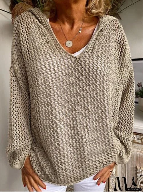MidiSono - Openwork Hooded Long Sleeve Sweater