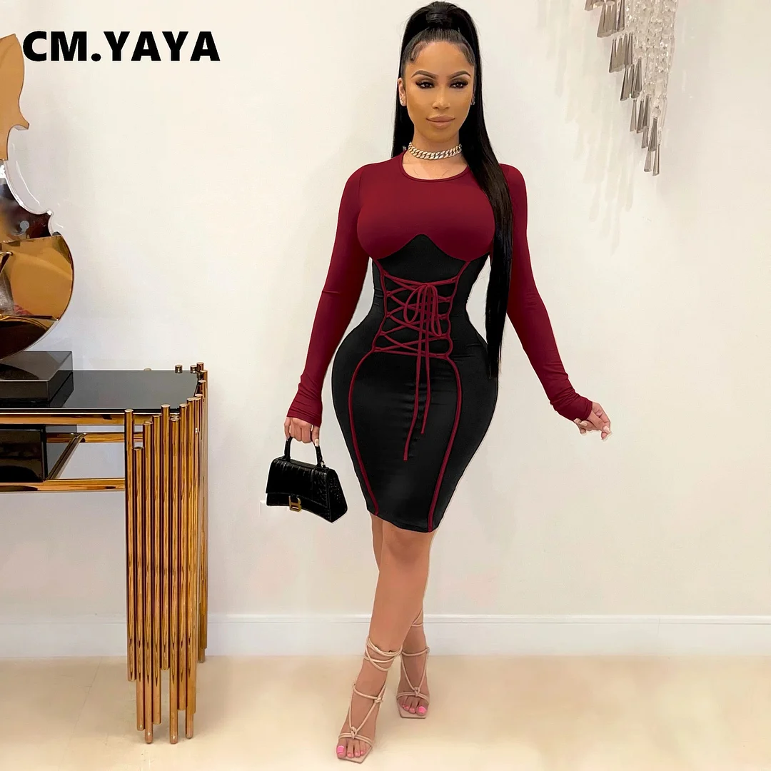 CM.YAYA Women Lace Up Long Sleeve High Waist Tunic Patchwork Bodycon Midi Knee Length Dress Sexy Night Party Pencil Dresses