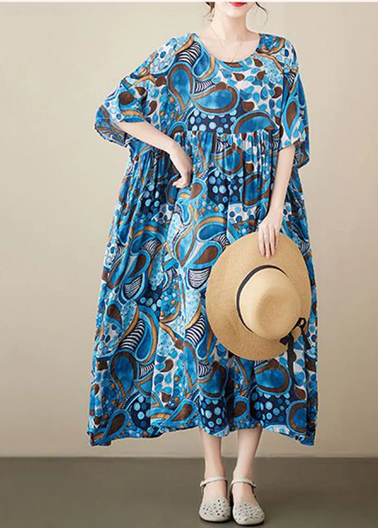 Blue Print Cotton Vacation Dress Oversized Exra Large Hem Summer