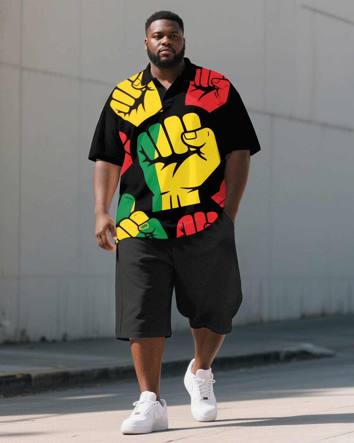 Men's Big & Tall Juneteenth Theme Fists Printed Short Sleeve Polo Shirt Shorts 2-Piece Suit