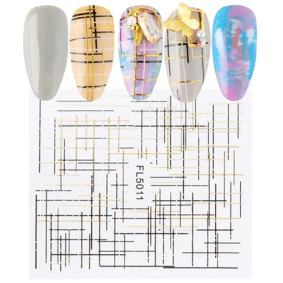 1 Sheet 5D Gold Black Sliver Geometric Linear Sticker Decals Nail Art Designs Adhesive Transfer Sliders Manicures Decoration-Nail Inspo