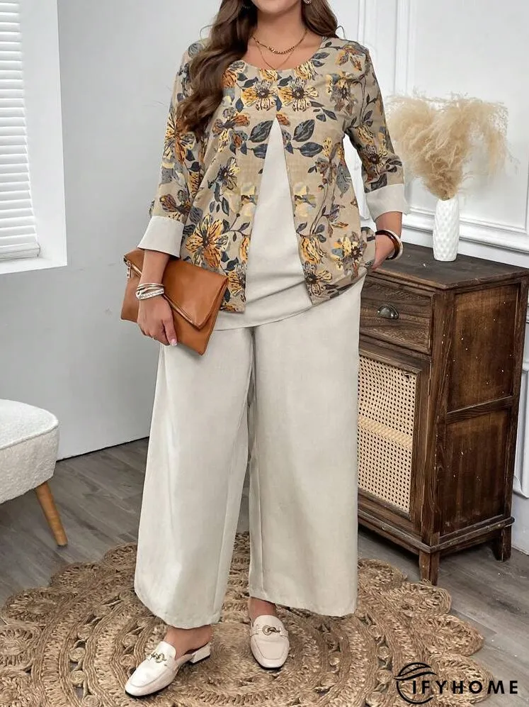 2pcs Plus Size Floral Print Patchwork Long Sleeve Top And Wide Leg Pants Set, Autumn | IFYHOME