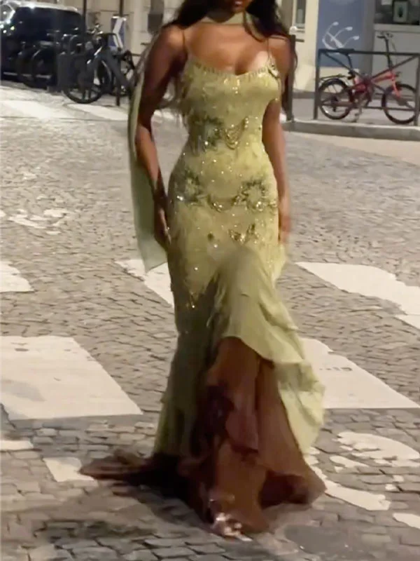 Sequinned Flower Sleeveless  spaghetti-neck Wrap Maxi Dresses Fairytale Dress