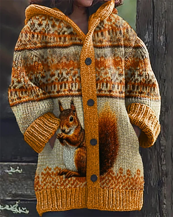 Autumn and Winter Squirrel Art Print Hooded Cardigan