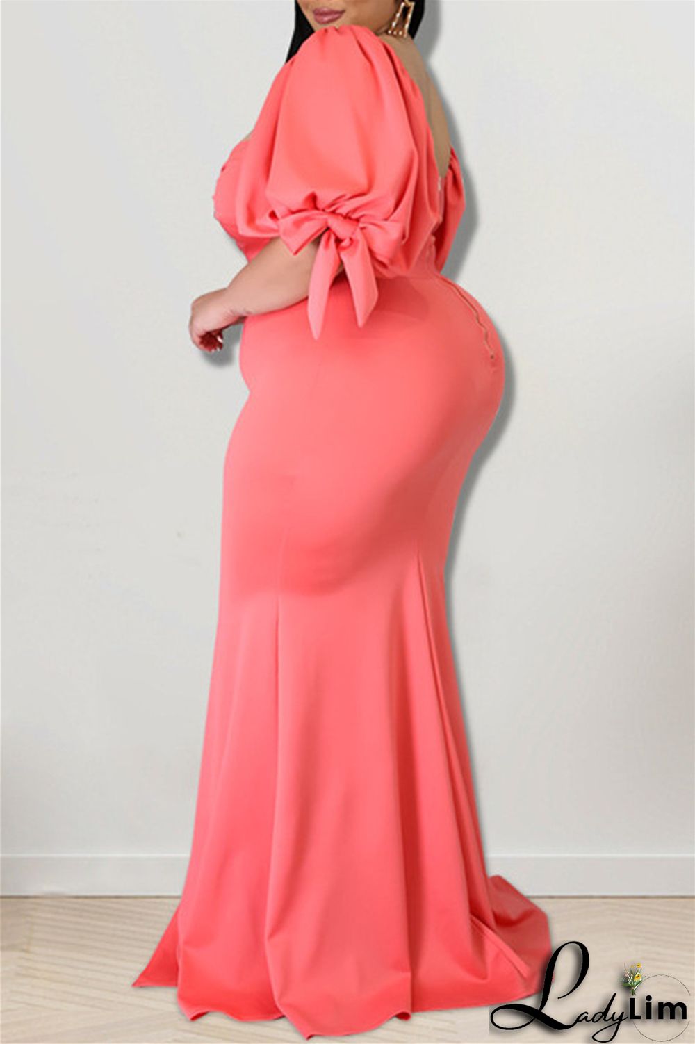 Pink Fashion Sexy Plus Size Solid Backless Slit Square Collar Evening Dress