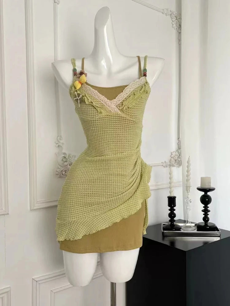 Aiertu Summer Cottage Core Gyaru Mini Two Piece Sets Dress Women Mori Girl 2000s Aesthetic Vintage Spaghetti Strap Frocks One Piece New Aiertu