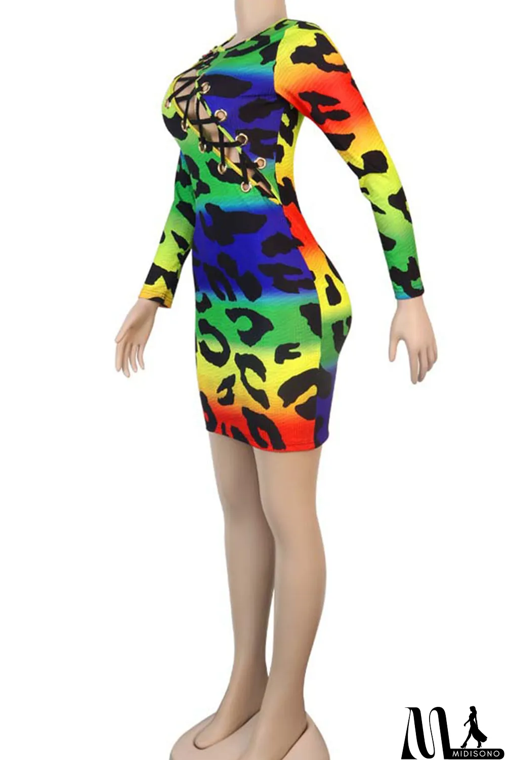 MidiSono - Multi-color Sexy Print Hollowed Out Split Joint Frenulum O Neck Pencil Skirt Dresses