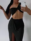 Solid Color One-Shoulder Tops Skirt Suits
