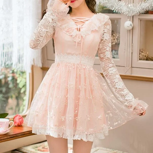Pink Floral Princess Bowknot Lace Long Sleeve Dress SP178900