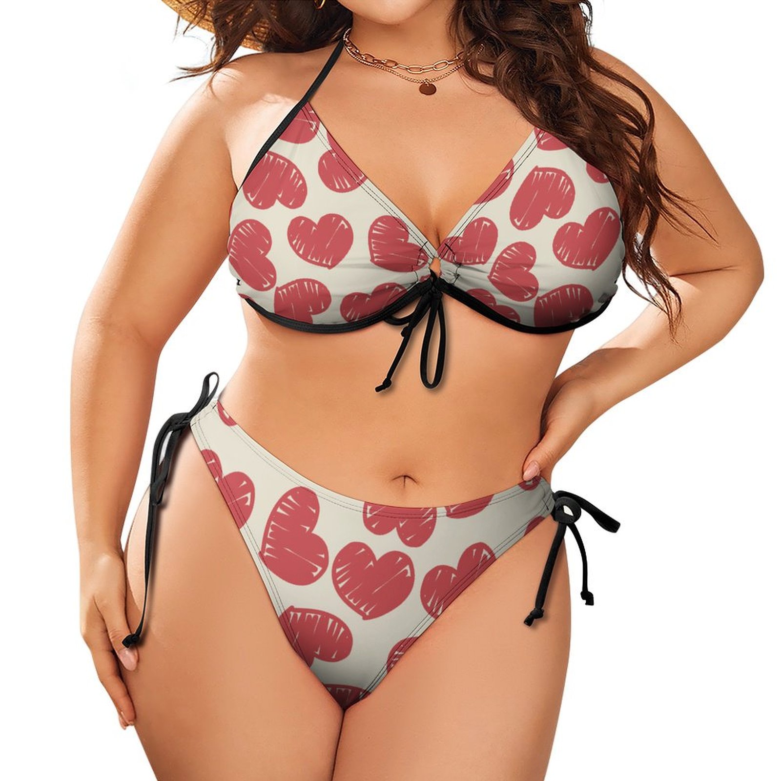 Women's Love Doodle Plus Size Triangle Bikini String Two Piece Halter Tie Side Swimsuit