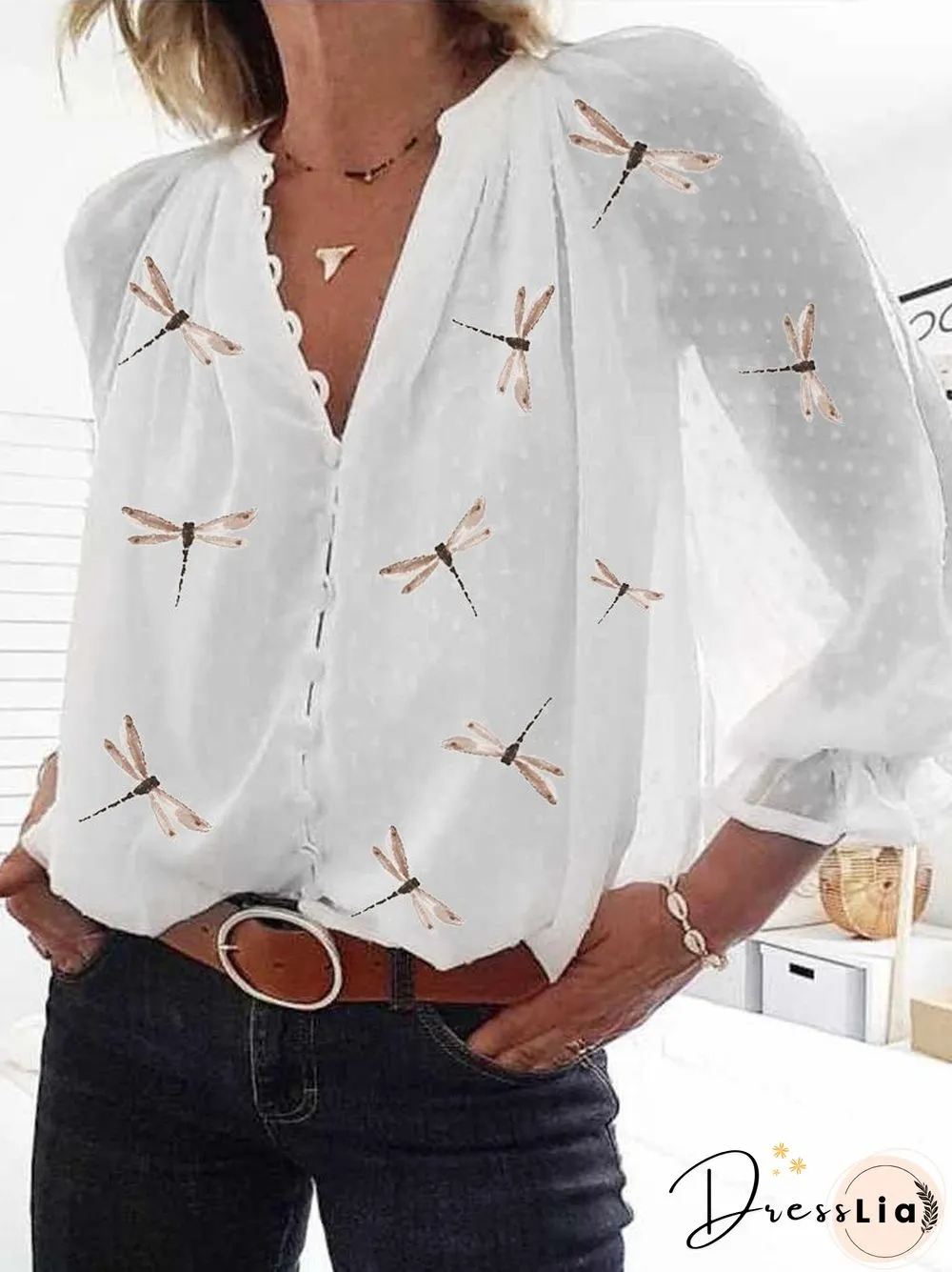 Women Casual Chiffon Floral Long Sleeve V Neck Blouse