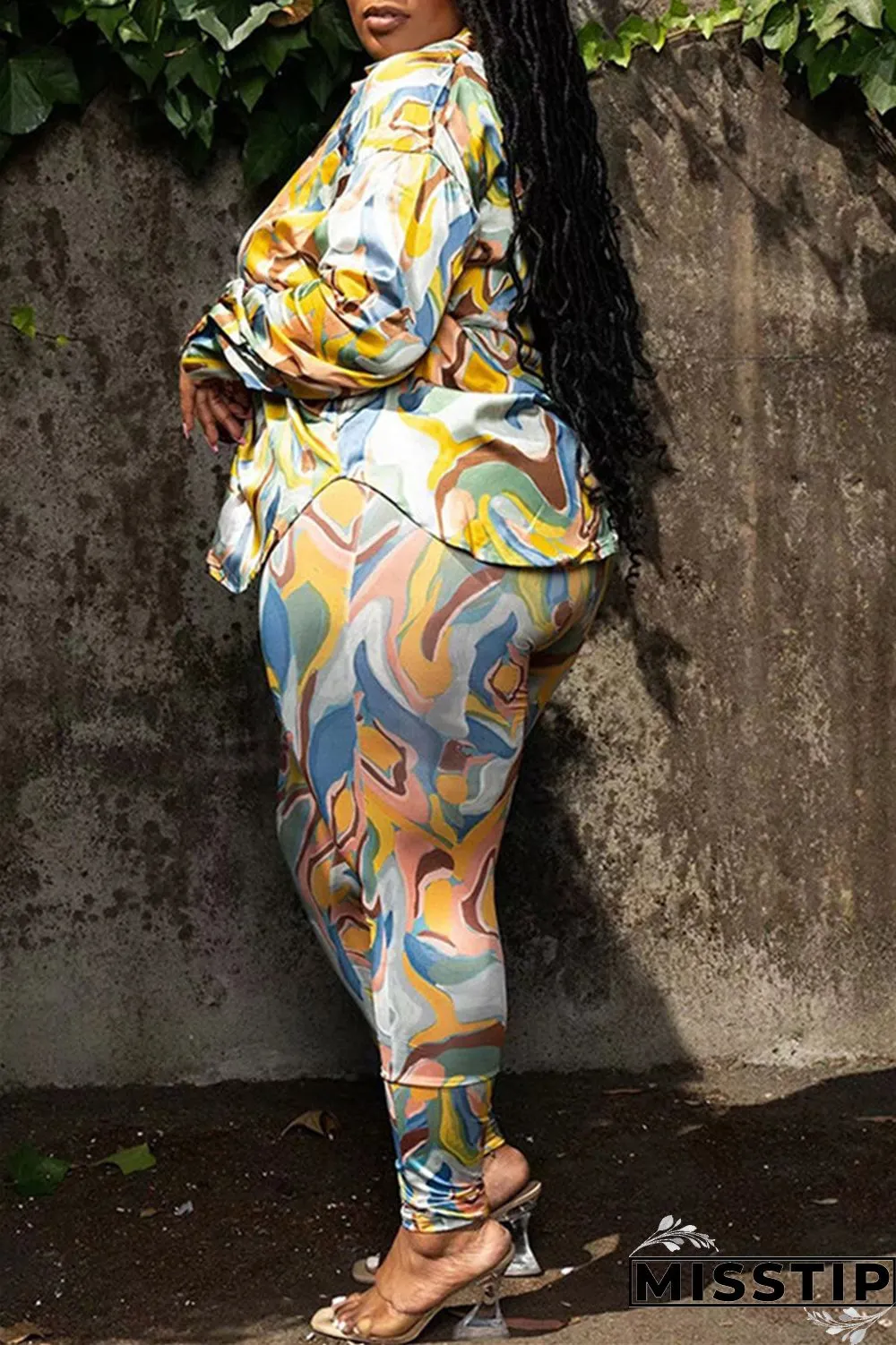 Orange Yellow Casual Print Patchwork Turndown Collar Plus Size Two Pieces