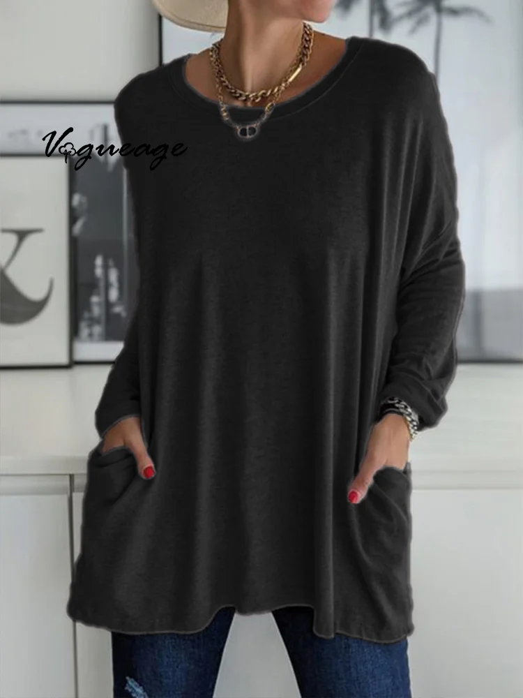 Spring And Summer  Long Sleeve Loose Pocket Solid Color T-Shirt
