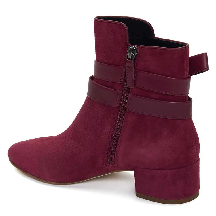 Burgundy Vegan Suede Boots Bow Chunky Heel Ankle Boots |FSJ Shoes