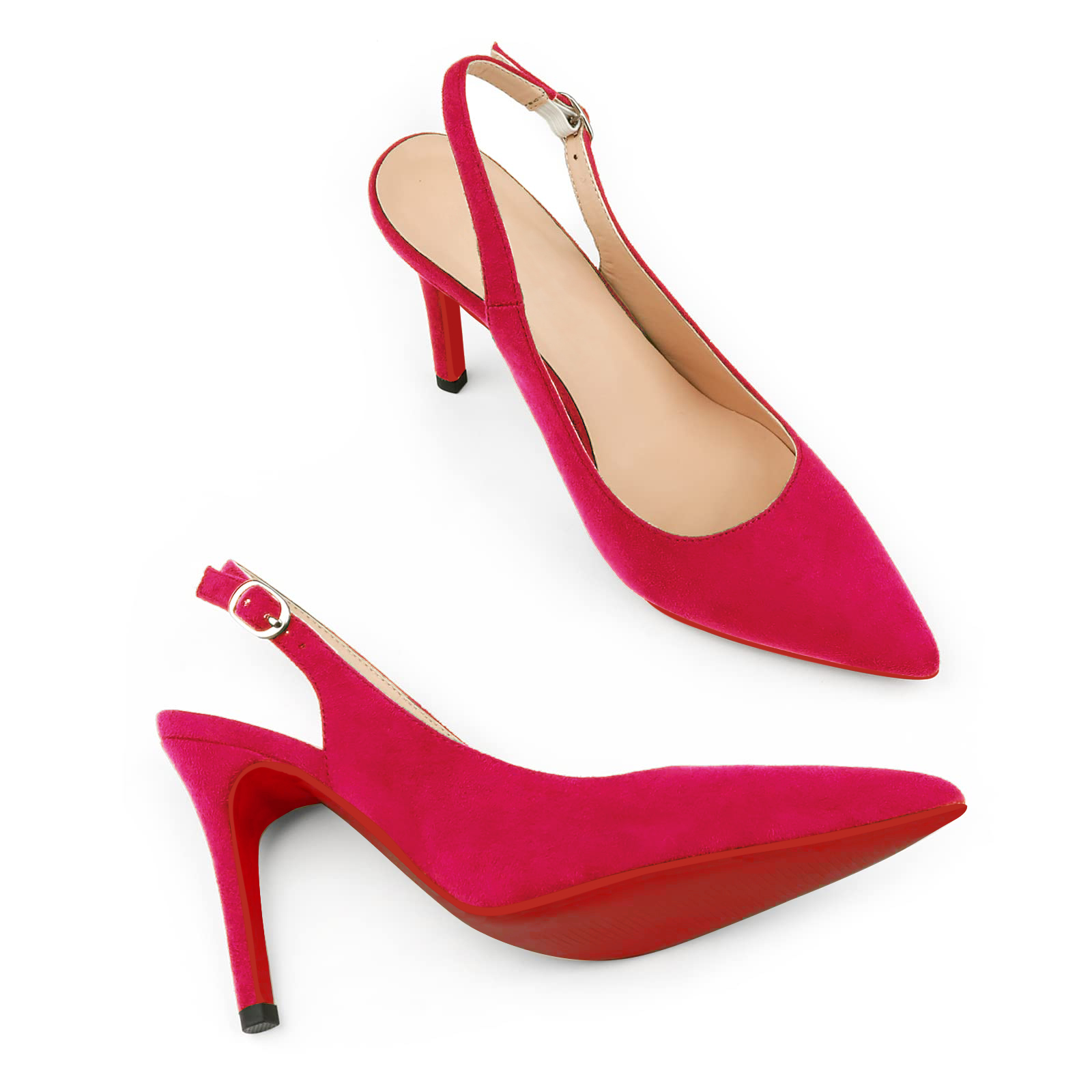 90mm Mid Heels for Women Slingback Pumps Sandals Pointed Toe Pumps Red Bottoms Suede Shoes-MERUMOTE
